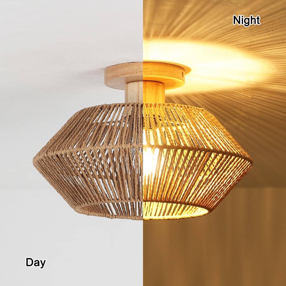 12.6 in. 1-Light Bohemian Woven Rattan Semi-Flush Mount Ceiling Light - Hercitys