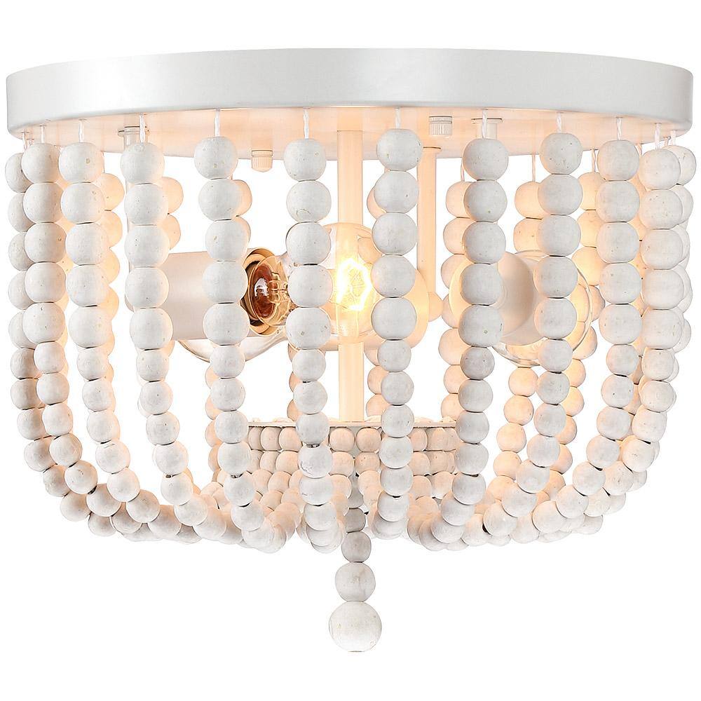 12.6 in. 3-Light Bohemia Antique White Wood Beaded Flush Mount Ceiling Light - Hercitys