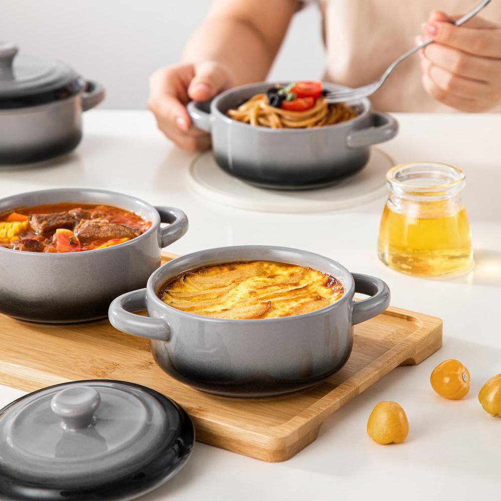4-Piece Round Ceramic Soup Bowls with Handles, Mini Baking Ramekins, Oven and Microwave Safe Casserole Set, Black Gray - Hercitys
