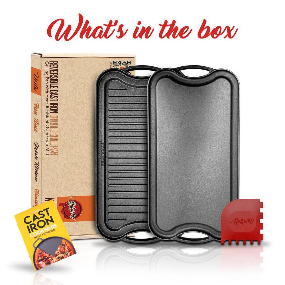 19.96 in. Kitchen Flat Grill Plate Pan Reversible Cast Iron Griddle Classic Flat Grill Pan Design with Scraper - Hercitys