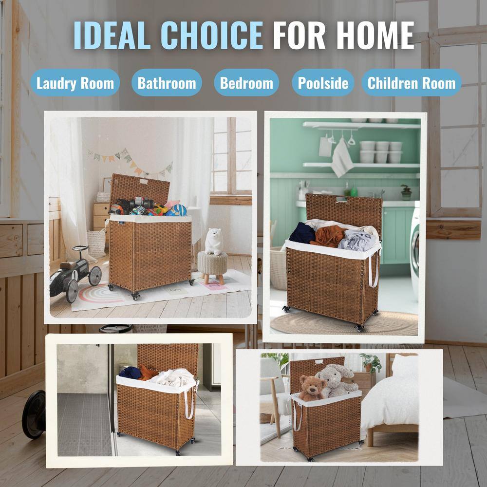 42.26 Gal. Brown Rattan Deck Box Laundry Hamper with Lid and 2 Removable Bags - Hercitys