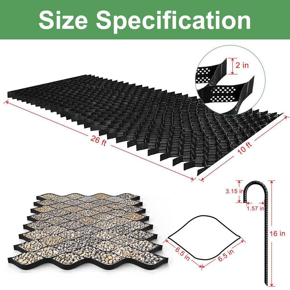 10 ft. x 26 ft. x 2 in. Plastic Ground Geo Grid Driveway Ground Pavers Geocell, with 16 J Steel Rebar - Hercitys