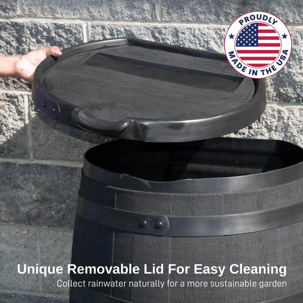 55 Gal. Premium Flat Back Eco Rain Barrel with Removable Lid, Black Color - Hercitys