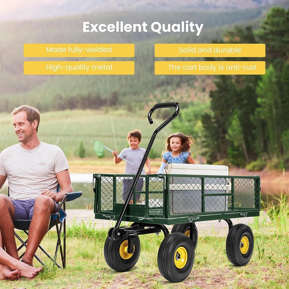 1100 lbs. Capacity Mesh Steel Garden Cart in Green with Removable Sides and Wheels - Hercitys