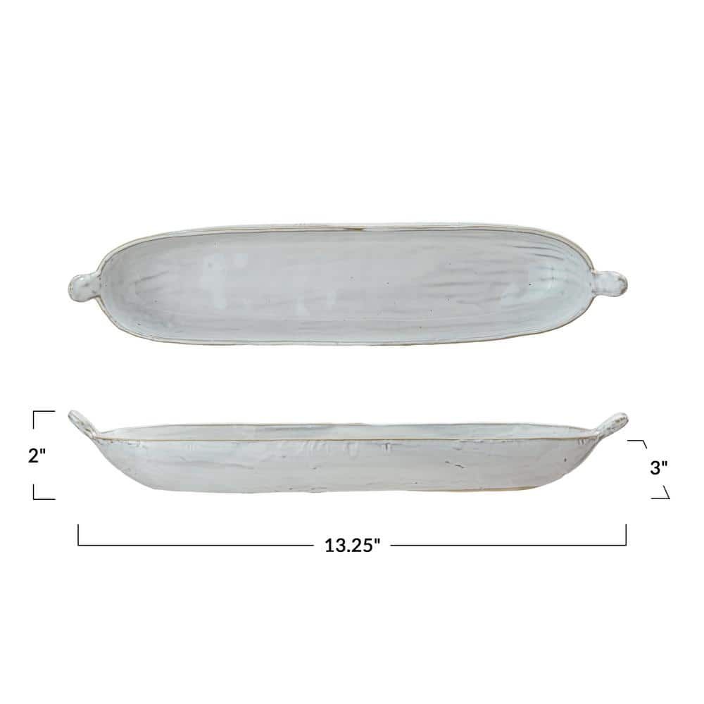 13.4 in. White Long Stoneware Serving Platter with Reactive Glaze - Hercitys