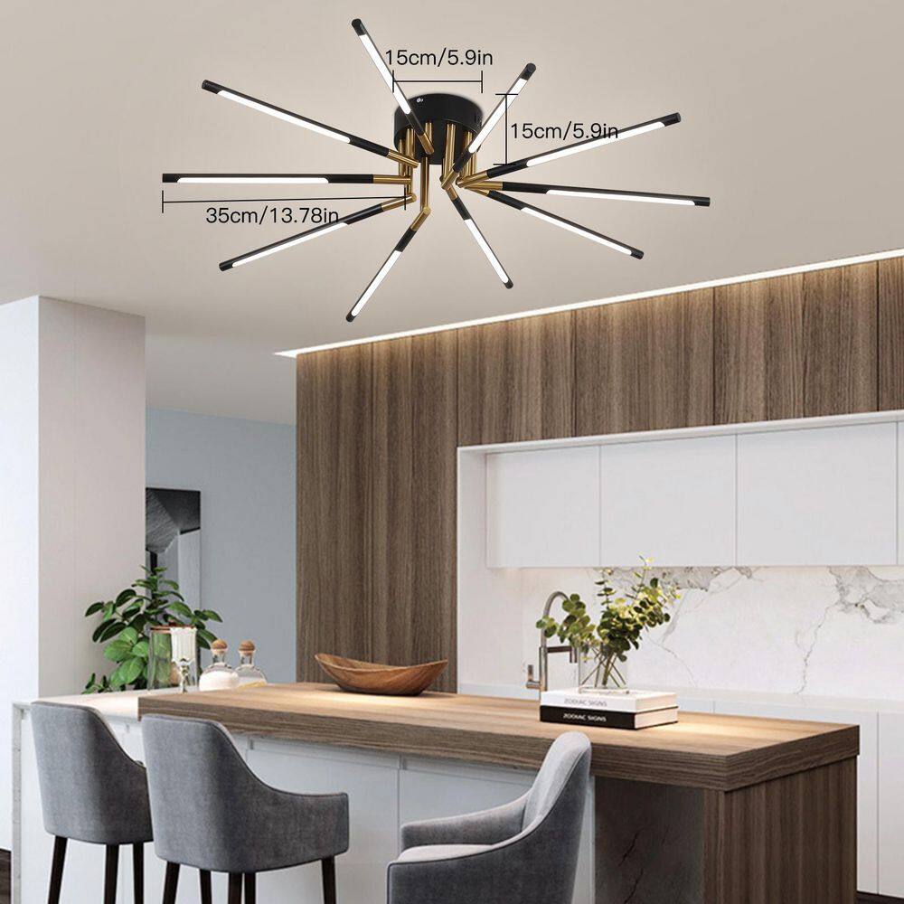 33.46 in. 10-Light Black and Gold Modern Linear Dimmable Selectable LED Semi-Flush Mount Ceiling Light with Remote - Hercitys