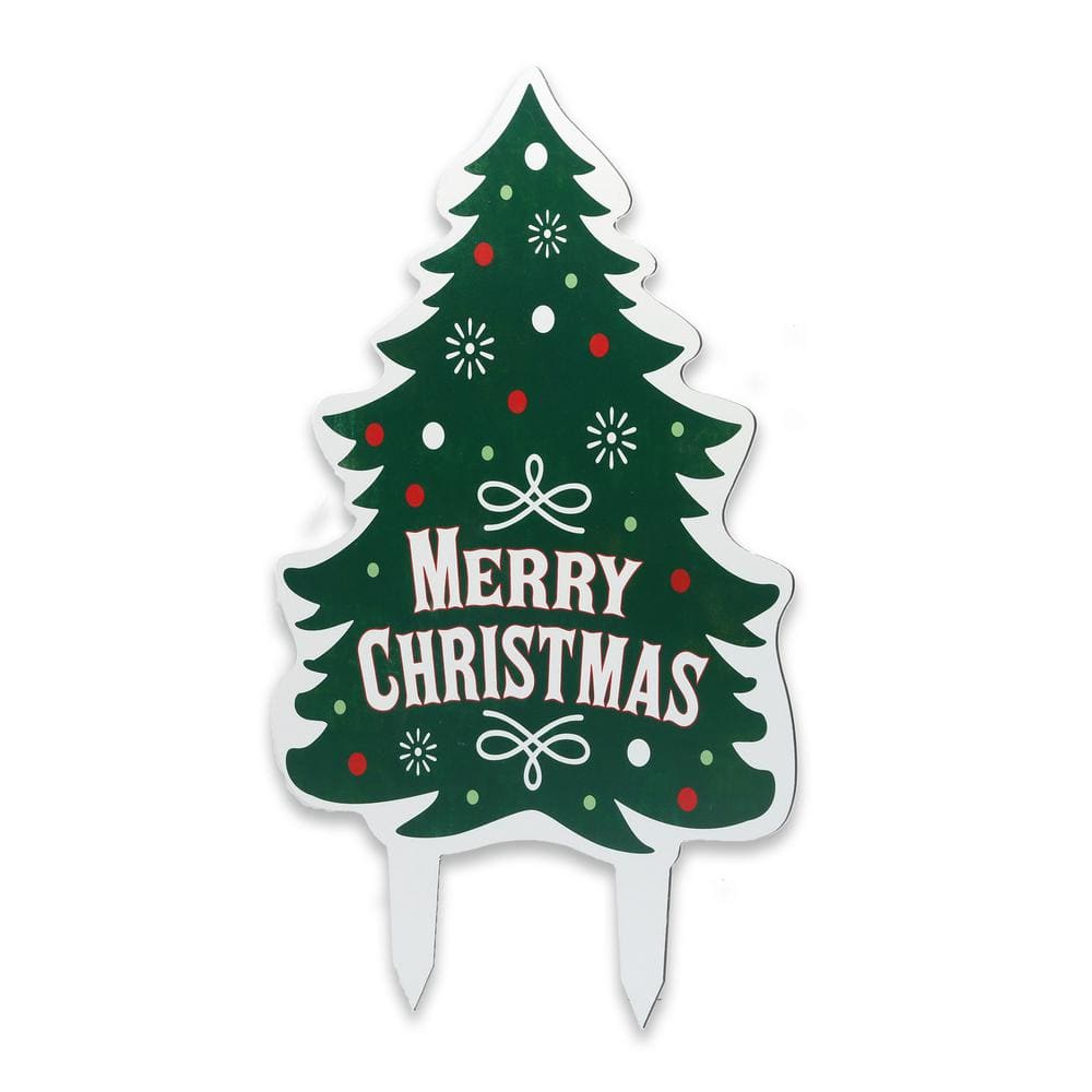 20 in. Green Weather-Resistant Metal Merry Christmas Tree Yard Stake - Hercitys
