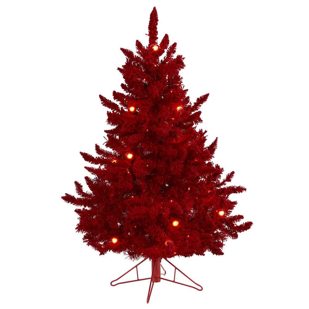 4 ft. Red Pre-lit Flocked Fraser Fir Artificial Christmas Tree with 100 Red Lights, 14 Globe Bulbs - Hercitys
