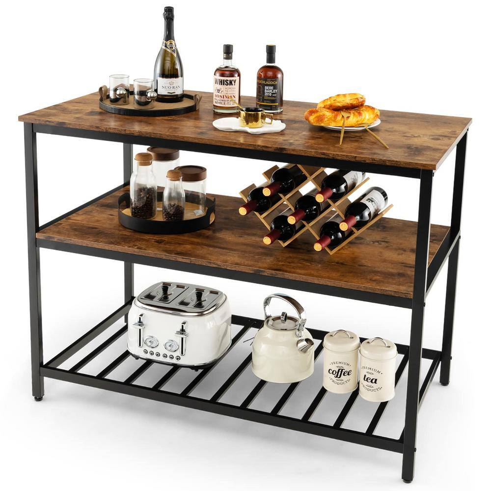 3-Tier Rustic Brown Wood 47.2 in. Kitchen Island with Bottom Wine Rack - Hercitys