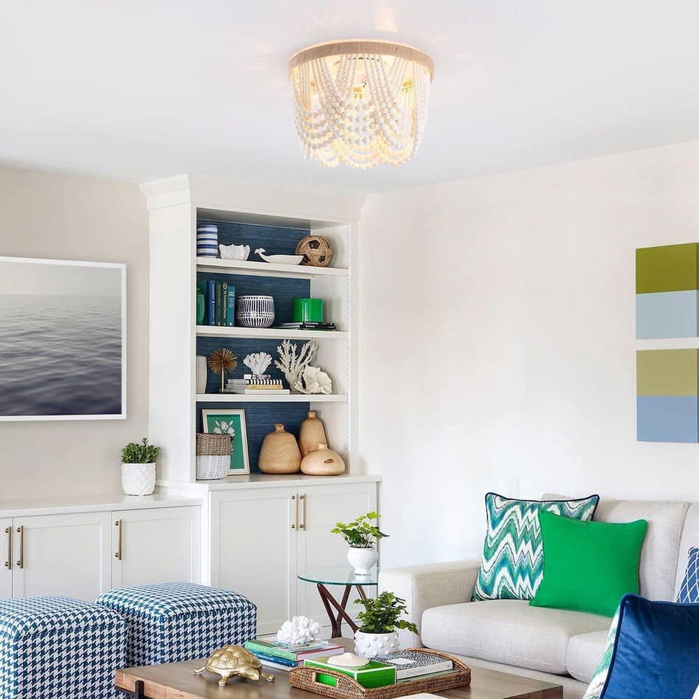 12.6 in. 3-Light Antique Rustic White Flush Mount Bohemia Wood Beaded Ceiling Light Mini Chandelier - Hercitys