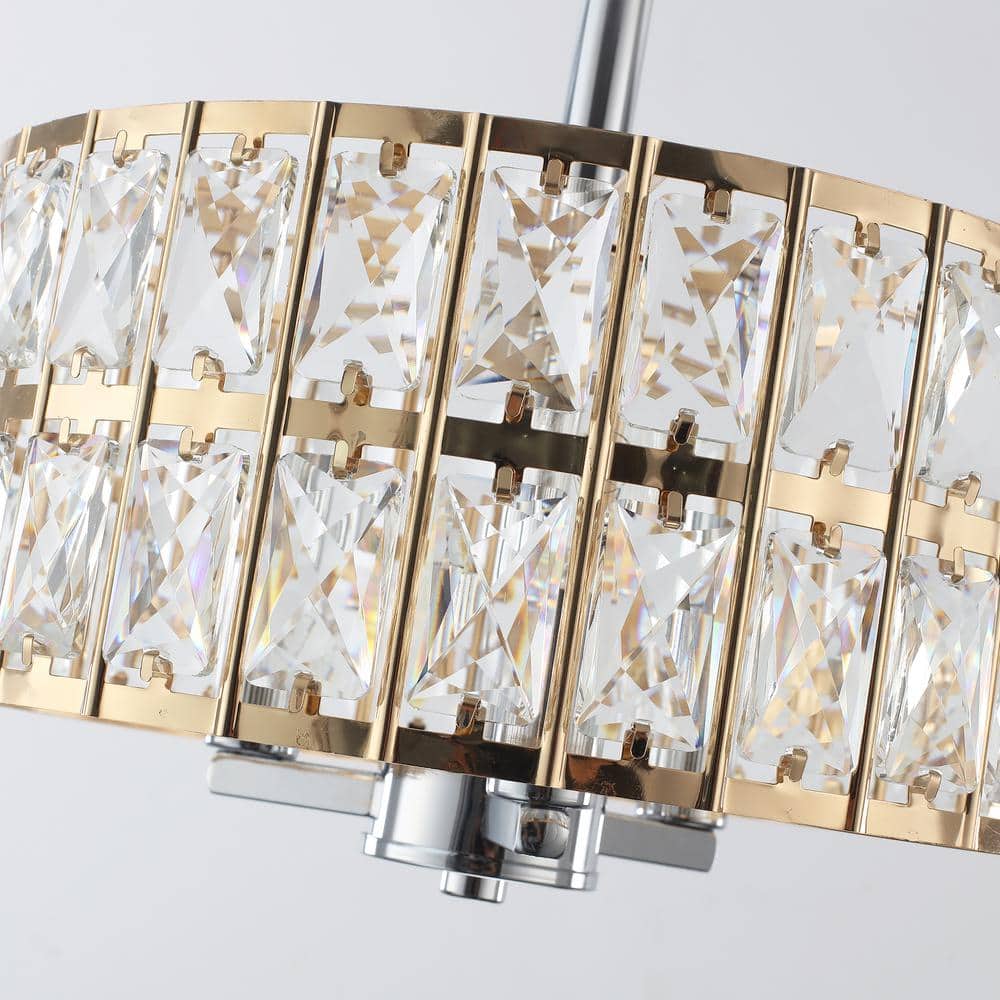 12.59 in. 3-Light Chrome and French Gold Modern Drum Semi-Flush Mount Light With Clear Crystal Glass Shade - Hercitys