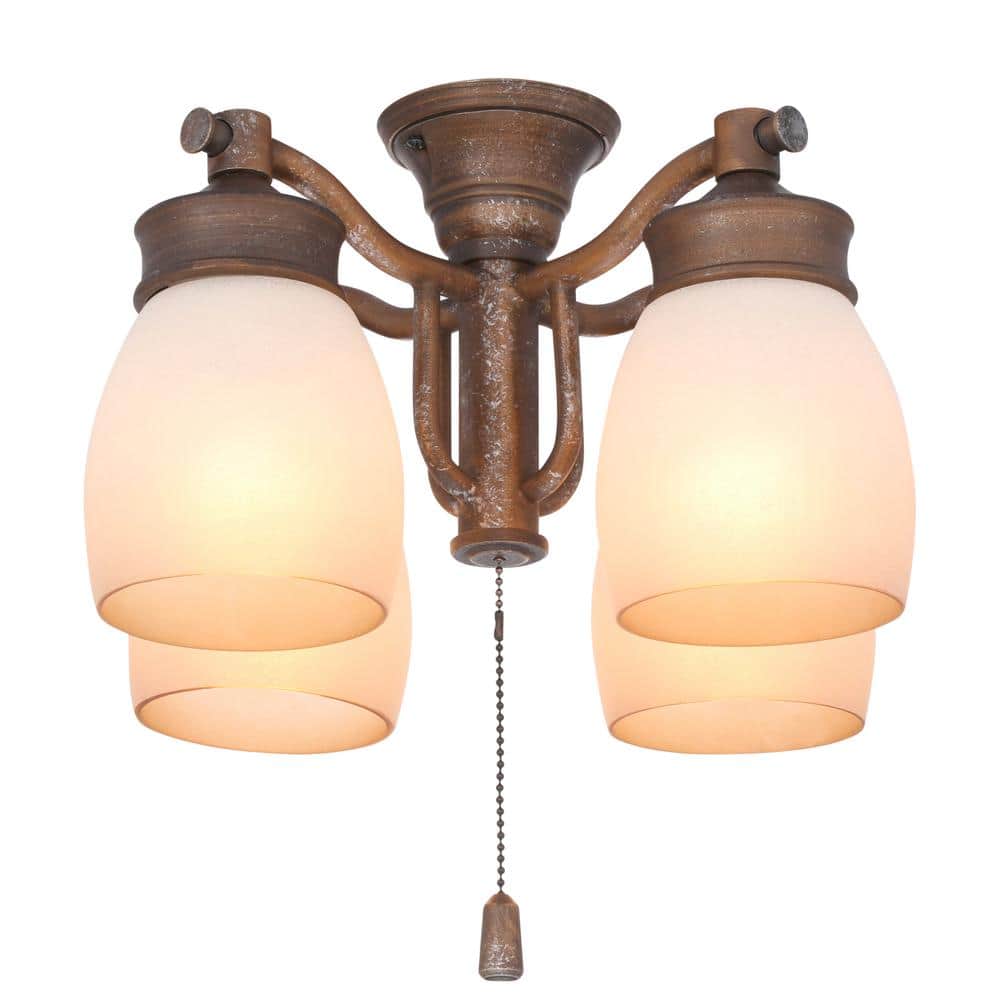 4-Light Aged Bronze Ceiling Fan Fixture with Tea Stain Glass - Hercitys