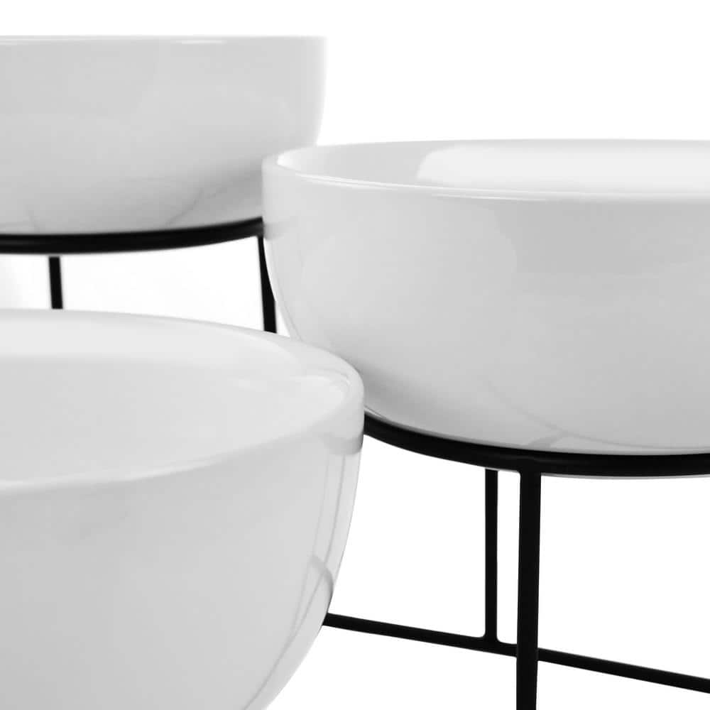 4-Piece White Bowl Set with Metal Rack - Hercitys