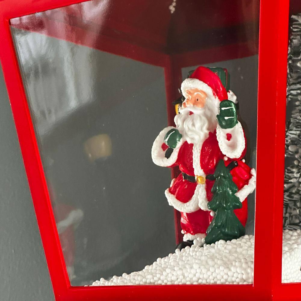 25 in. Musical Tabletop Lantern in Red Featuring Santa Scene and Snow Function - Hercitys