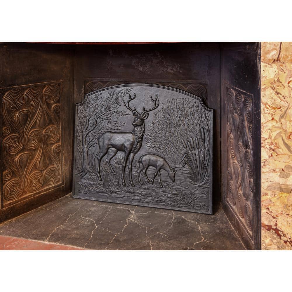24.25 in. Tall Black Cast Iron 3 Dimensional Deer Fireback - Hercitys
