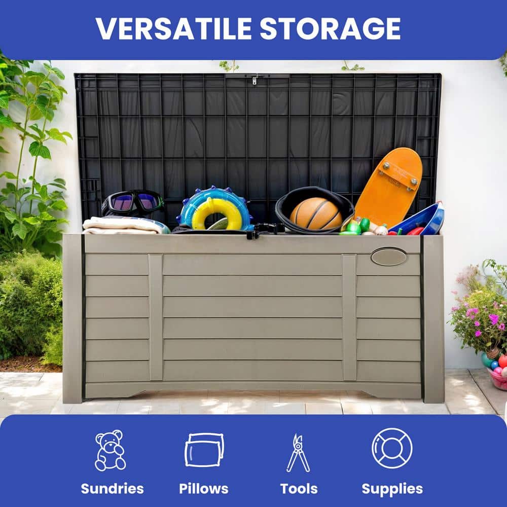 120 Gal. Water Resistant Resin Lockable Deck Box, Outdoor Storage For Patio Lawn and Garden, Light Brown - Hercitys