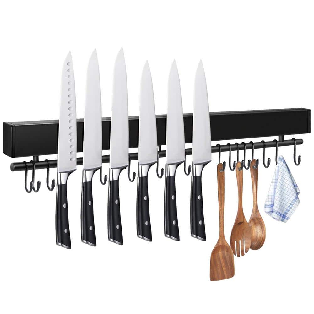 12-Knife 23 in. Stainless Steel Magnetic Knife Holder with 15 Hooks, Black Knife Magnetic Strip, Magnetic Knife Bar - Hercitys