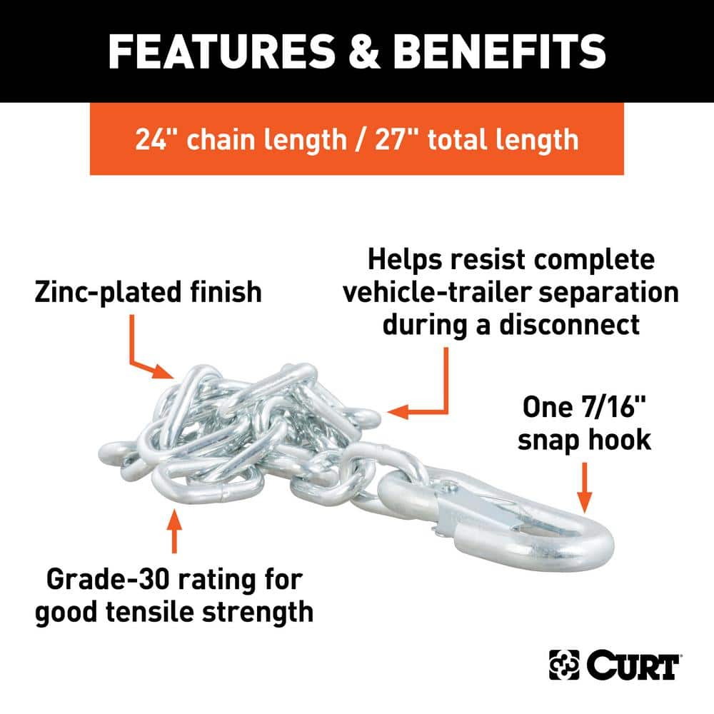 27″ Safety Chain with 1 Snap Hook (5,000 lbs., Clear Zinc) - Hercitys