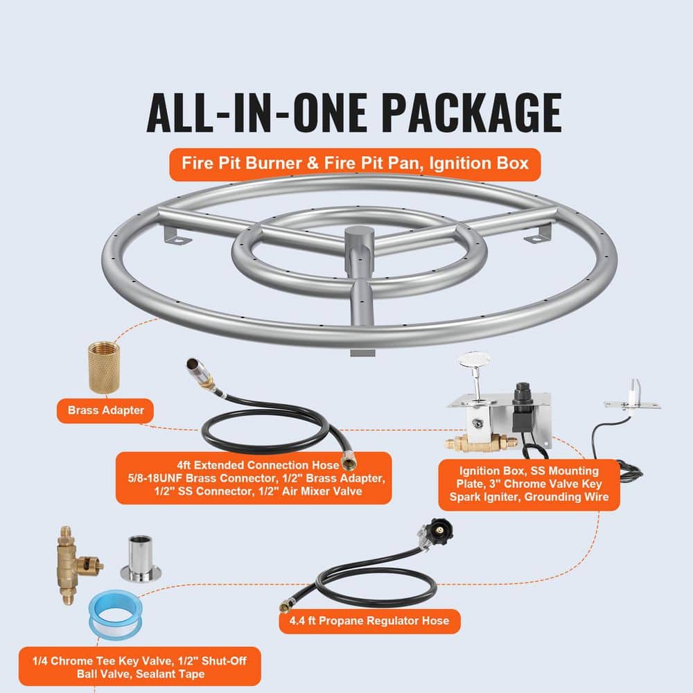 18 in. Round Drop-in Fire Pit Pan, Stainless Steel Fire Pit Burner Kit, Natural & Propane Gas Fire Pan with 150,000 BTU - Hercitys
