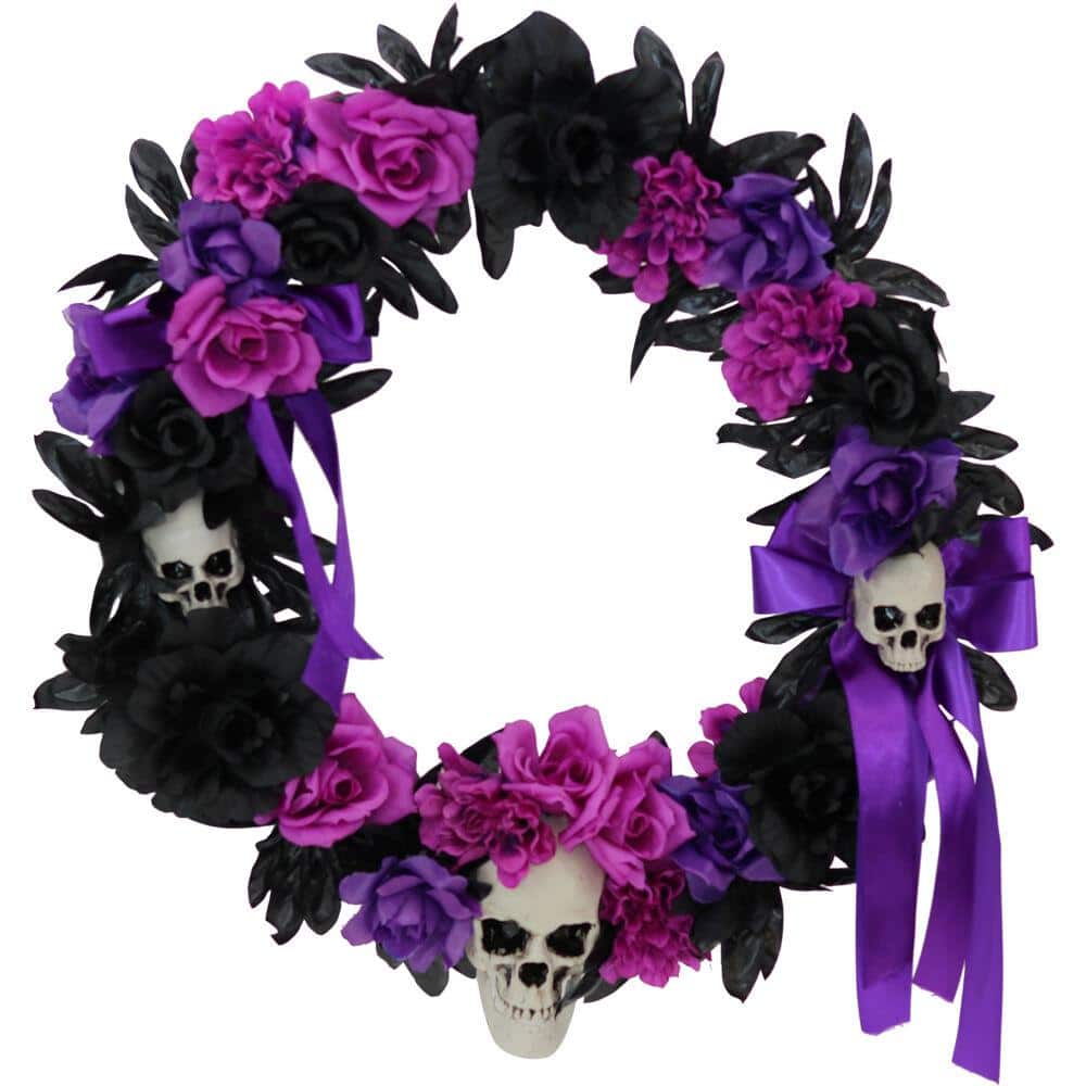 22 in. Halloween Wreath with Flowers and Skulls - Hercitys