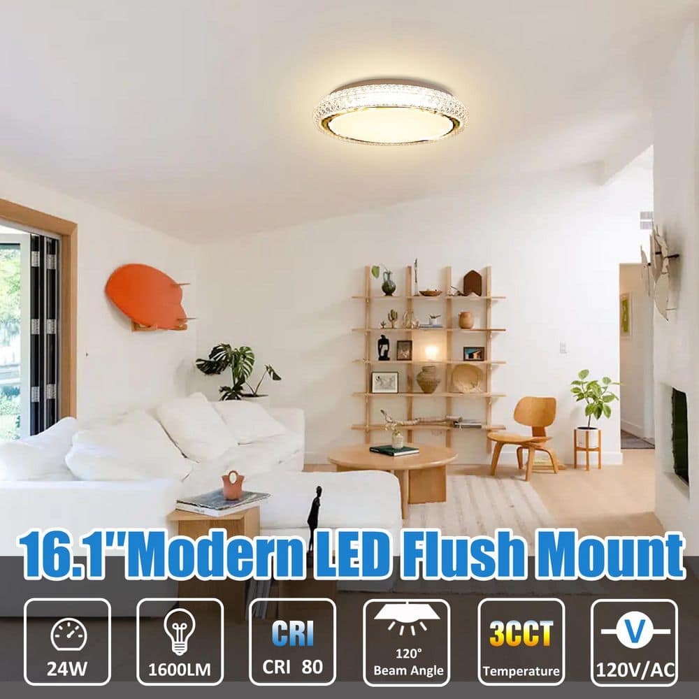 16.1 In. White Flush Mount Ceiling Light with Imitated Crystal Trim, Dimmable LED - Hercitys