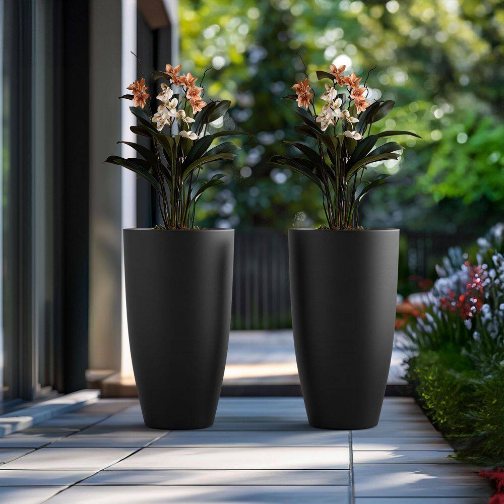 13.5 in. Large Charcoal Black Concrete Round Planter / Pot with Drainage Holes (Set of 2) - Hercitys