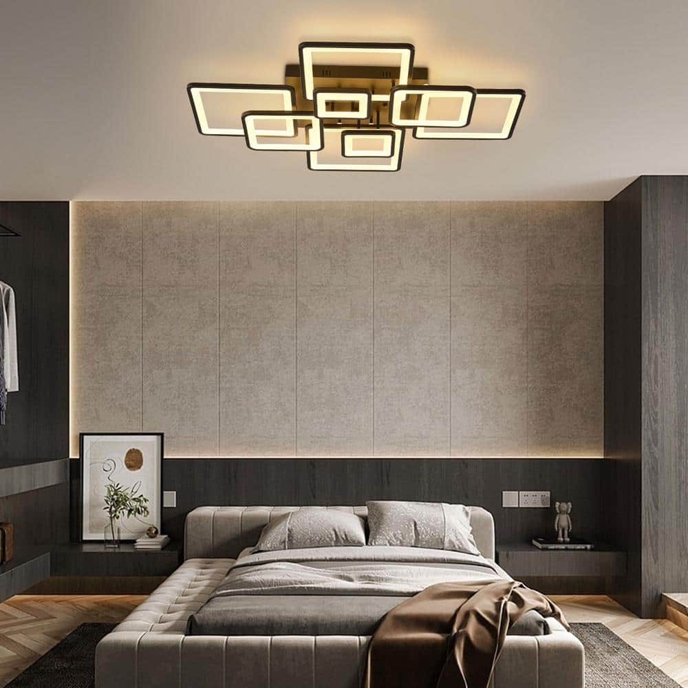 39.4 in. Modern Black Square Flush Mount Dimmable Integrated LED Ceiling Light with Remote, for Living Room, Bedroom - Hercitys