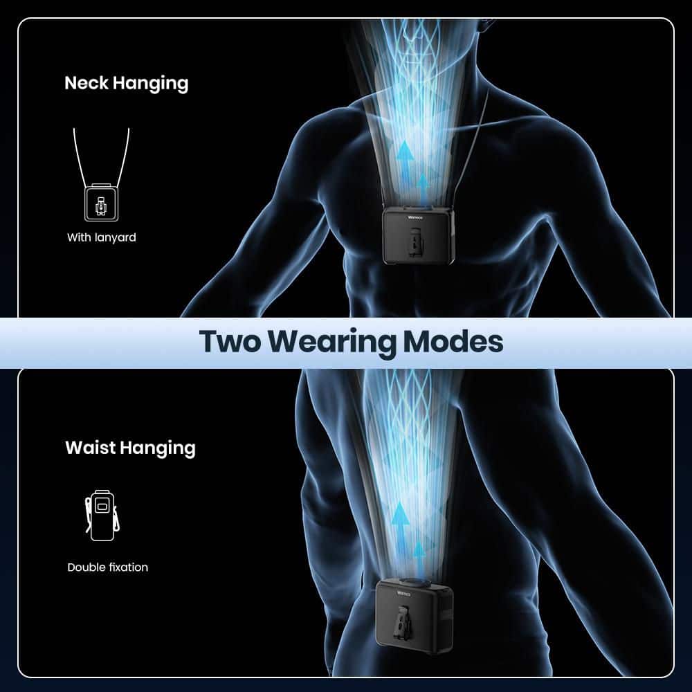 2 in. 4-Speeds Personal Fan in Black, 20000mAh Rechargeable Clip On Belt Fan with LED Light, 16000 RPM - Hercitys