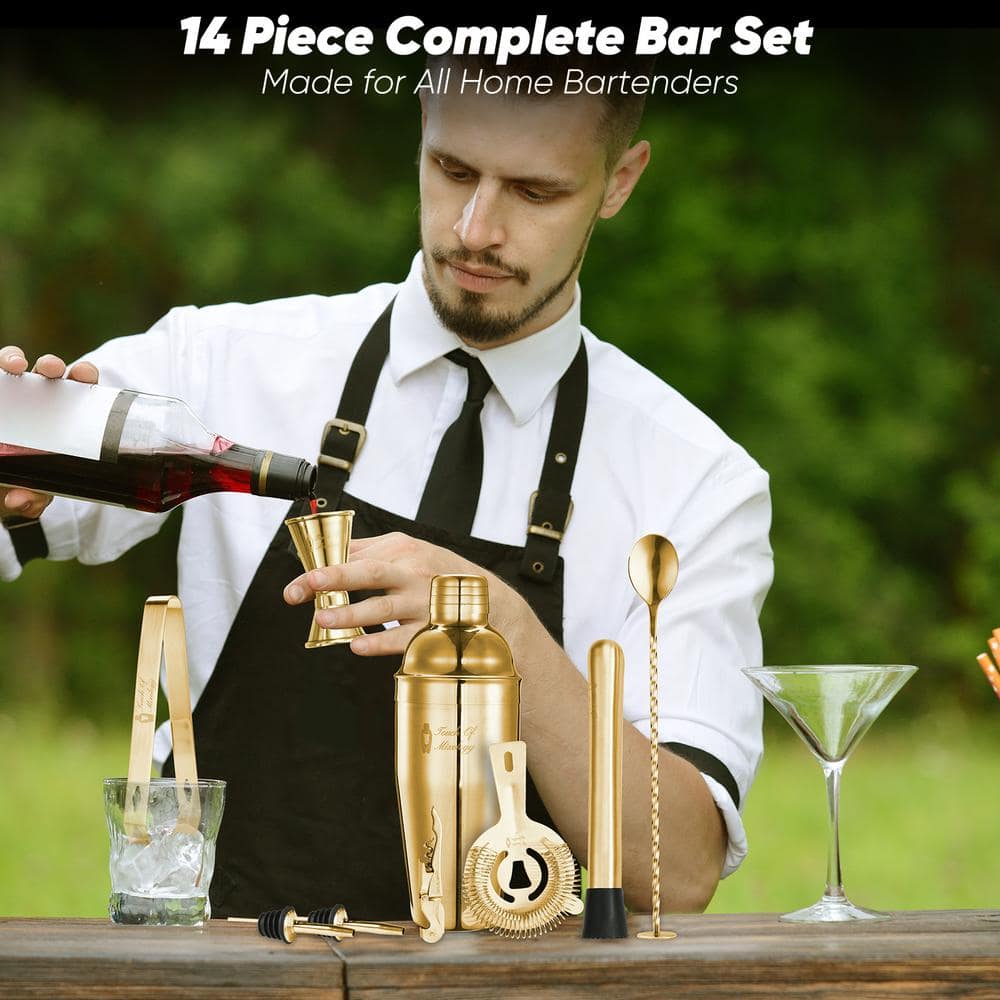 14-Piece Stainless Steel Bartender Kit – Bar Tool Set Cocktail Shaker Set – Cocktail Kit Set – Bartending Kit Gold - Hercitys