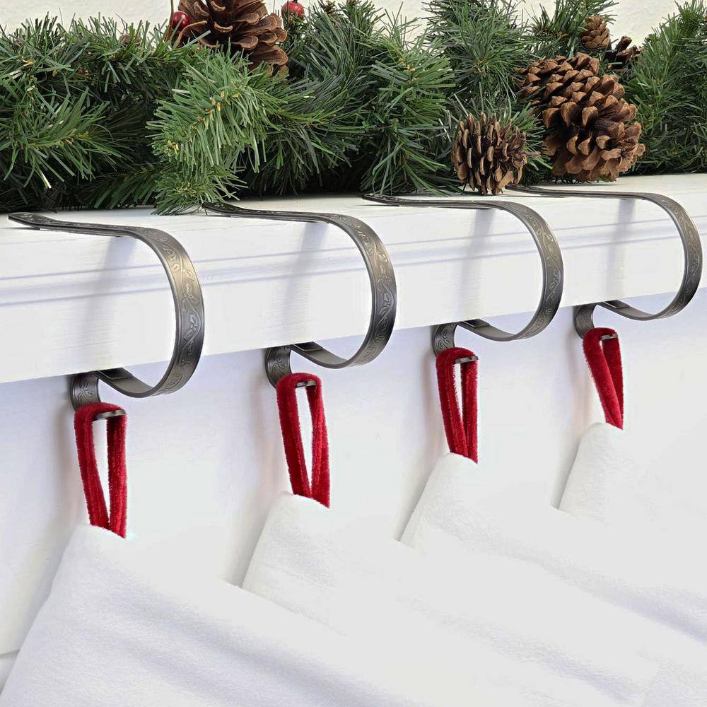 3 in. Pewter Embossed Holly Stocking Holder (4-Pack) - Hercitys