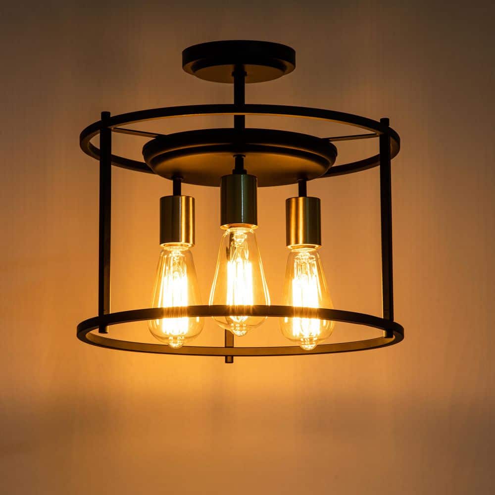 14 in. 3-Light Black and Gold Drum Cage Semi Flush Mount Light - Hercitys