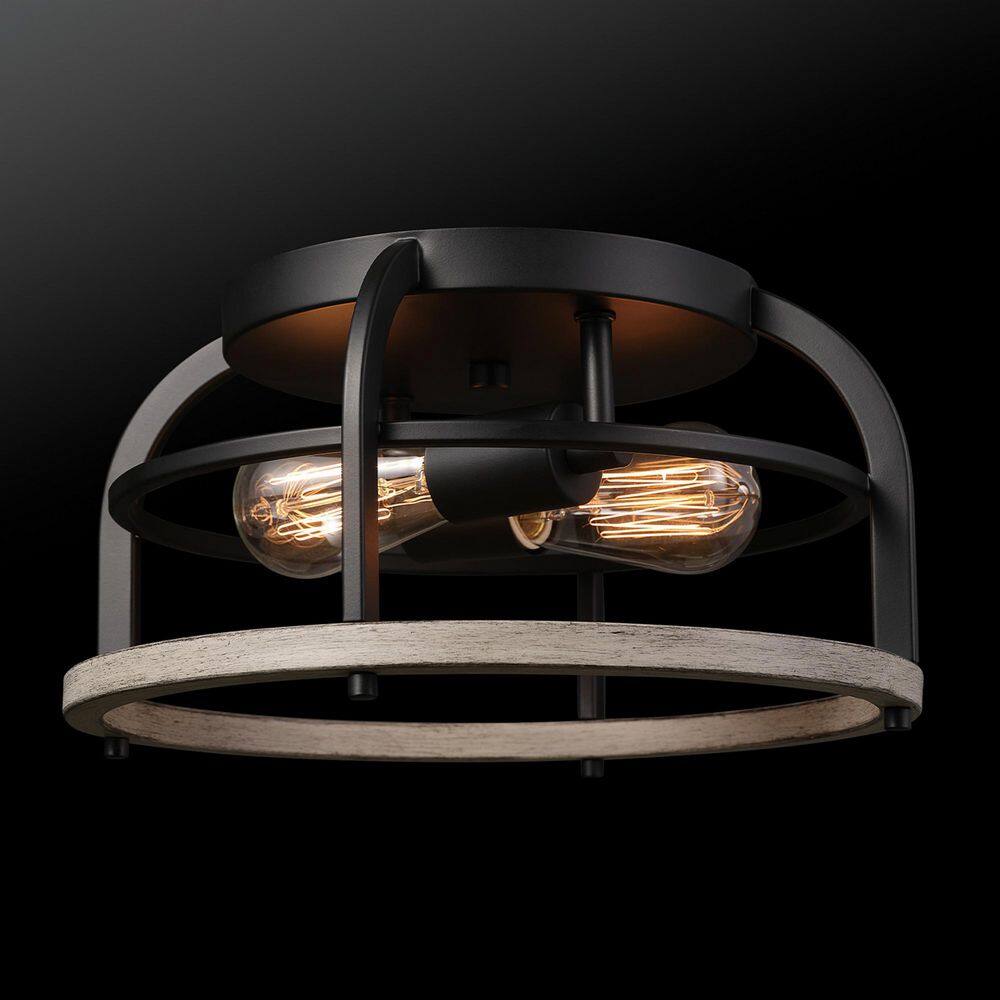 13 in. 2-Light Matte Black Flush Mount Ceiling Light with Faux Wood Accents - Hercitys