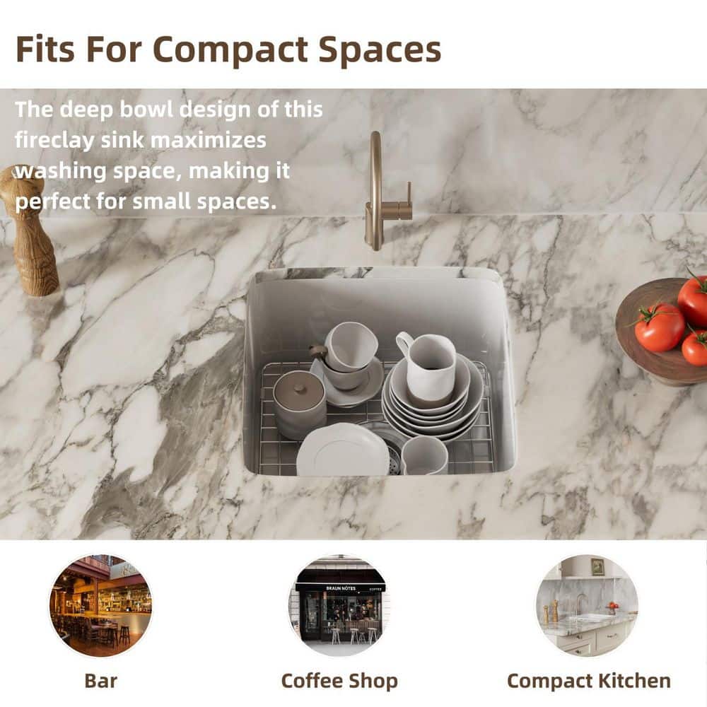 18 in. White Undermount Kitchen Sink, Dual Mount Square Fireclay Sink, Deep Single Bowl with Grid and Drain Strainer - Hercitys