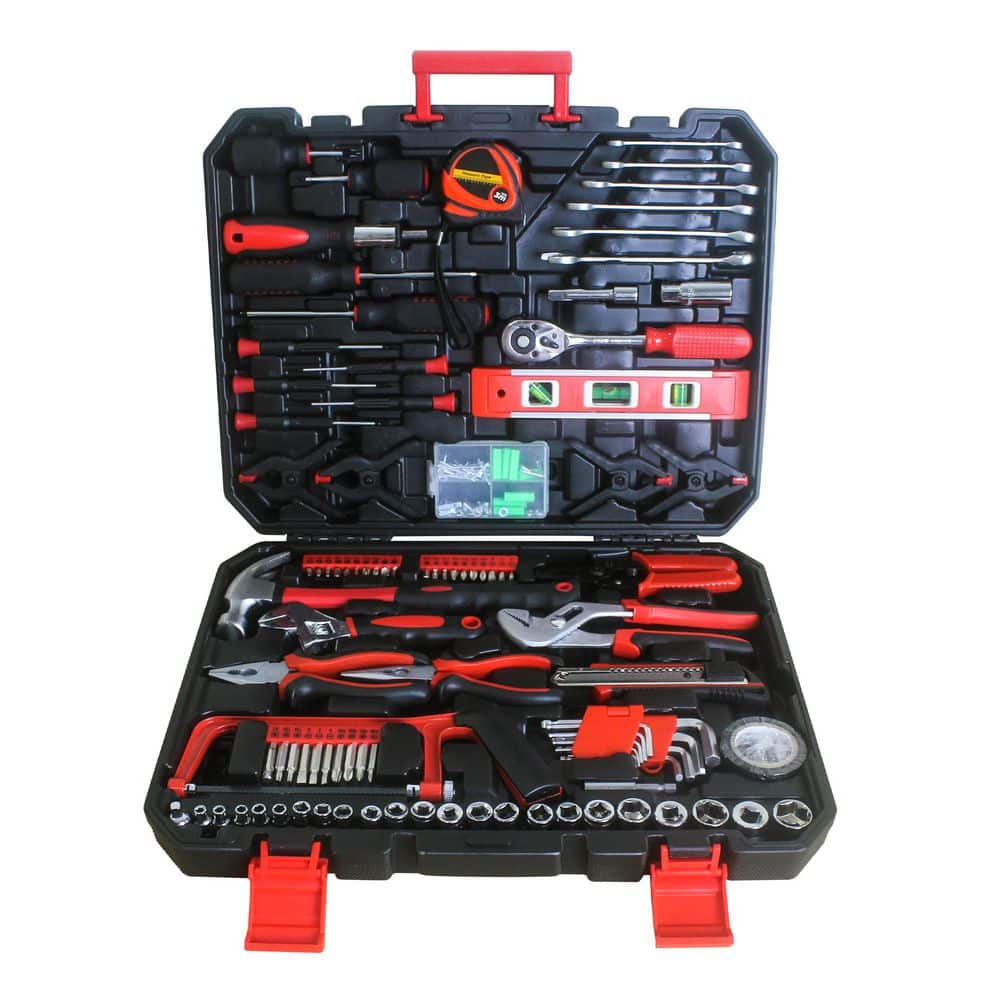 14 in. Black+Red Carbon Steel Lockable Tool Box with 239-Piece Tool Set Portable Hand Carry Case - Hercitys