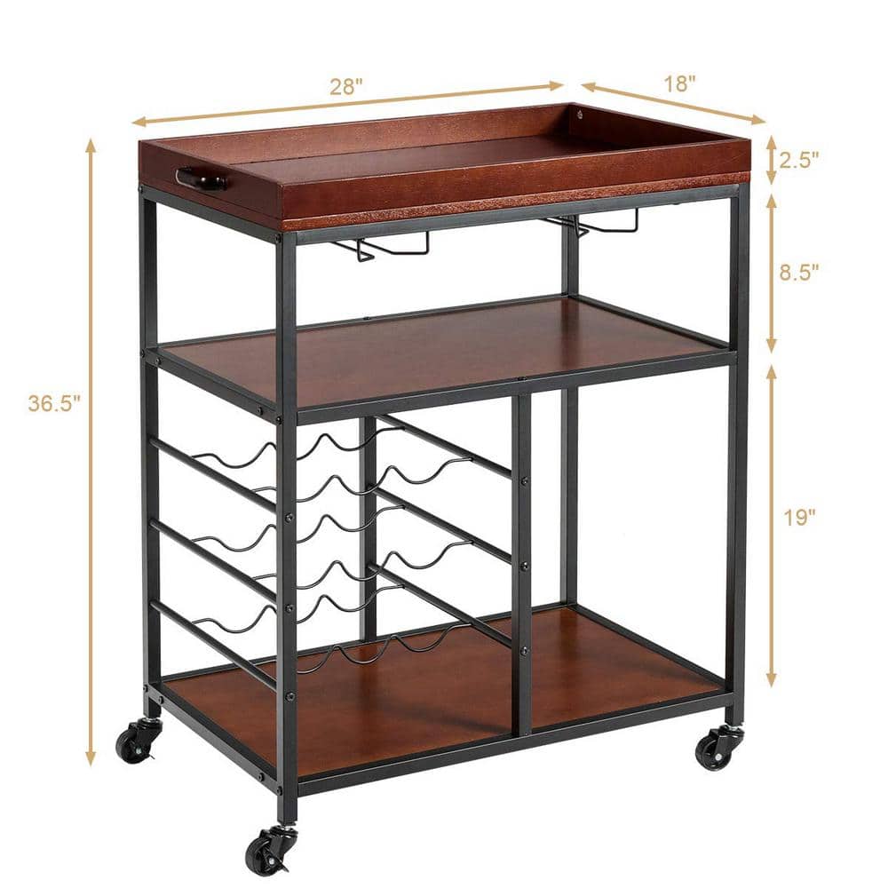 3-Tier Brown Rolling Kitchen Cart with Wine Rack - Hercitys