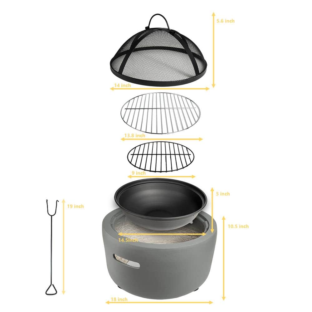 18 in. x 18 in. Round MGO Charcoal Wood Burning Fire Pit Kit with Spark Screen Lid, Poker and Grate - Hercitys