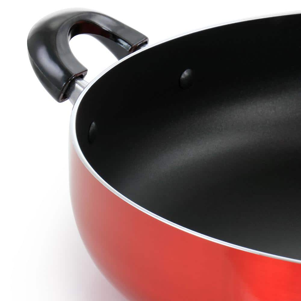 16 in. Red Aluminum Deep Fryer Frying Pan with Glass Lid - Hercitys