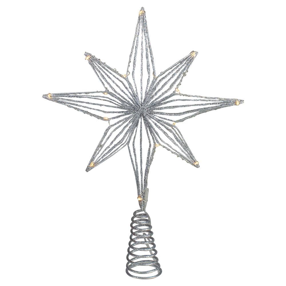 13.75 in. LED Lighted B/O Silver Glittered Geometric Star Tree Topper White Lights - Hercitys