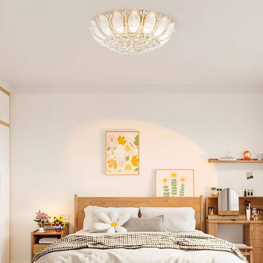 23 in. 7-Light Modern Gold Lotus Flower Shape Flush Mount Ceiling Lamp with Remote Control - Hercitys