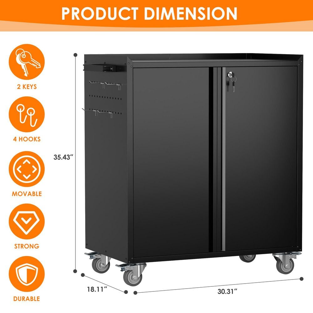 30 in. W x 35.5 in. H x 18 in. D Metal Freestanding Cabinet with Shelf, Pegboard, Side Push Handle in Black - Hercitys
