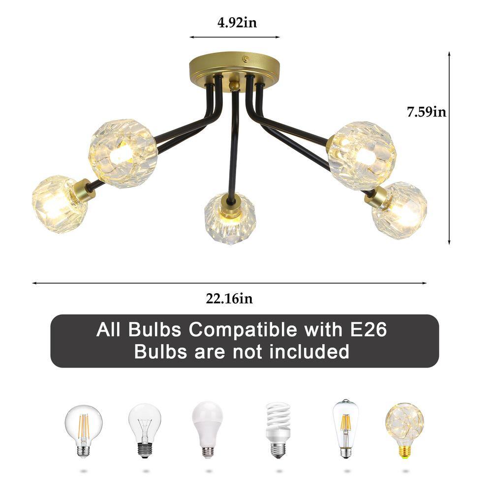 22.16 in. 5-Light Black/Gold Semi-Flush Mount with No Bulbs Included - Hercitys