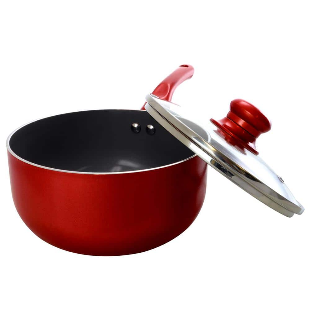 1.5 qt. Aluminum Ceramic Coated Saucepan in Red with Glass Lid - Hercitys