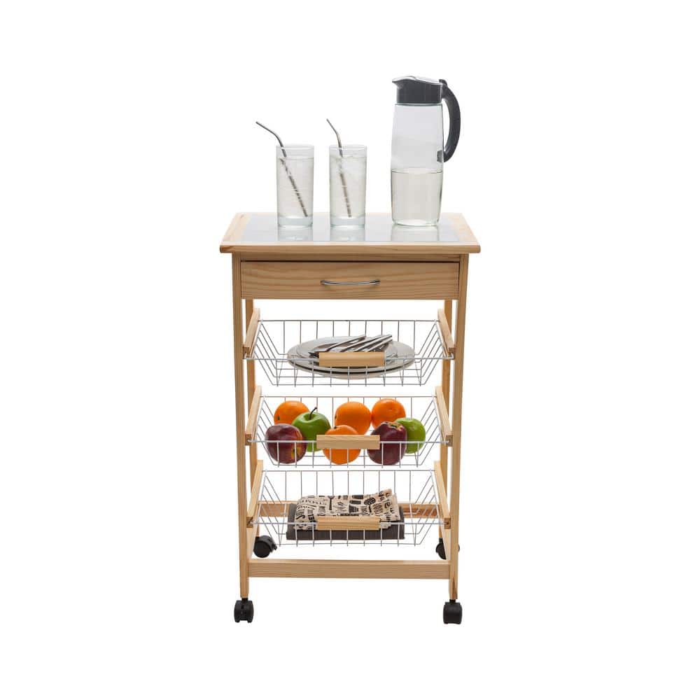 3 Tier Pinewood Basket and Drawer Kitchen Cart - Hercitys