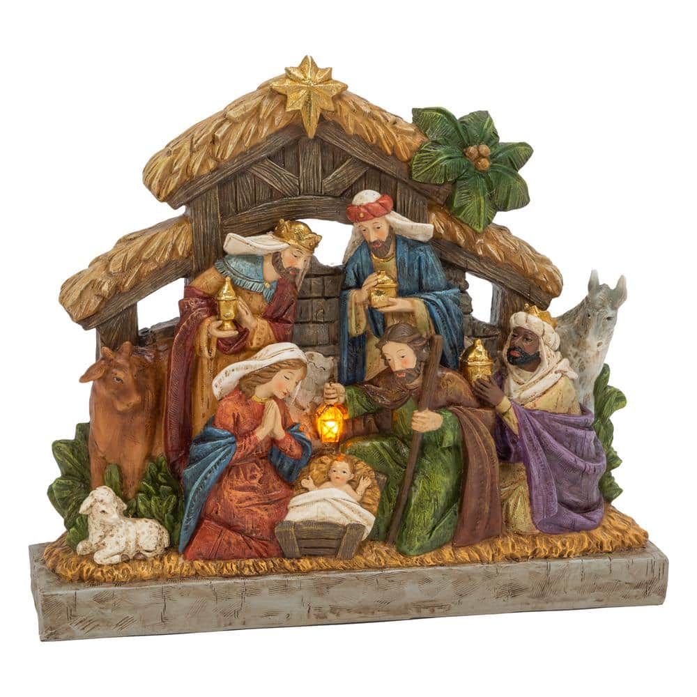 15.16 in. H B/O Christmas Lighted Resin Nativity Stable with Figurines - Hercitys