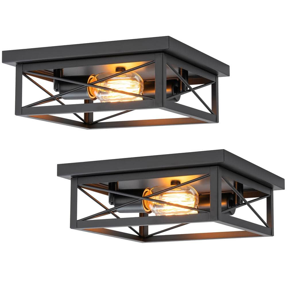 10.75 in. 2-Light Industrial Black Square Flush Mount Ceiling Light with Turnable Light Cap, No Bulb Included (2-Pack) - Hercitys