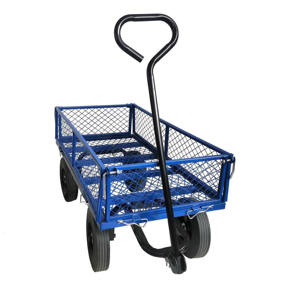 3.5 cu. ft. Blue Utility Metal Garden Cart Outdoor Lawn Wagon with Removable Sides - Hercitys
