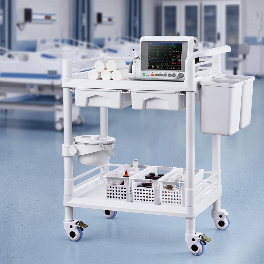 2 Tiers Lab Carts, Lab Utility Cart with 2 Trays, 2 Drawers Mobile Medical Cart with PP Material White Kitchen Cart - Hercitys