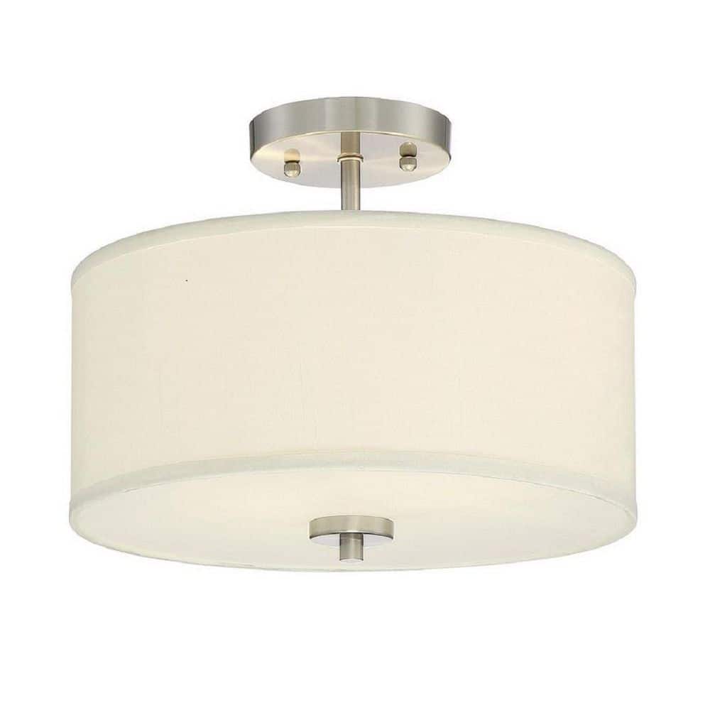 13 in. W x 10 in. H 2-Light Brushed Nickel Semi-Flush Mount Ceiling Light with White Fabric Shade - Hercitys
