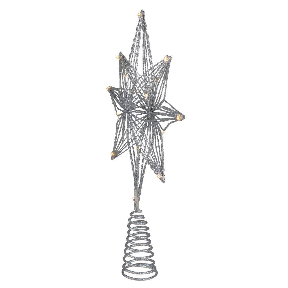 13.75 in. LED Lighted B/O Silver Glittered Geometric Star Tree Topper White Lights - Hercitys