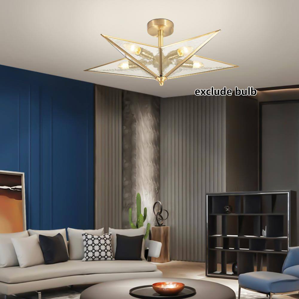 19.68 in. 5-Light Gold Semi-Flush Mount Ceiling Light Modern Star Shape with Glass Shade - Hercitys
